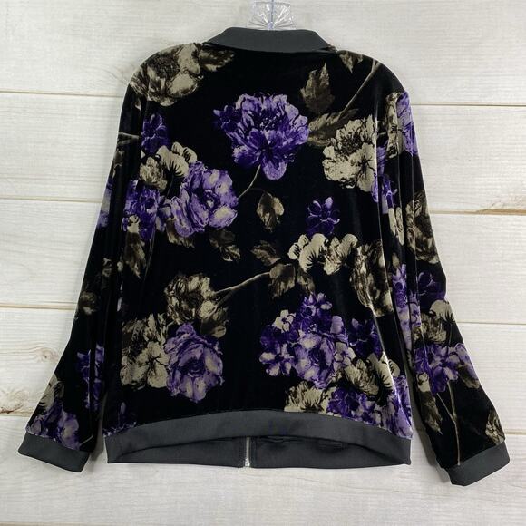 Chico's Jacket Sz 1 Womens M Black Purple Floral Velvet Full Zip Stretch Boho - Picture 10 of 10